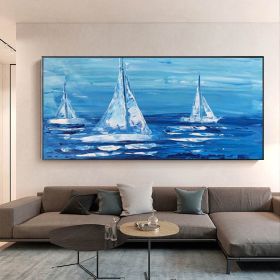 Colorful Ocean Sea Thick with Sunset and sailboat 100% Hand Painted Abstract Oil Painting Canvas Handmade Painting Gift (size: 70x140cm)